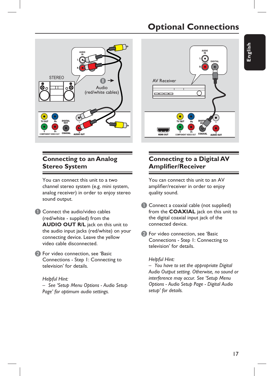 Optional connections, Connecting to an analog stereo system, Connecting to a digital av amplifi er/receiver | Eng li sh | Philips DVP3980-F7 User Manual | Page 17 / 53