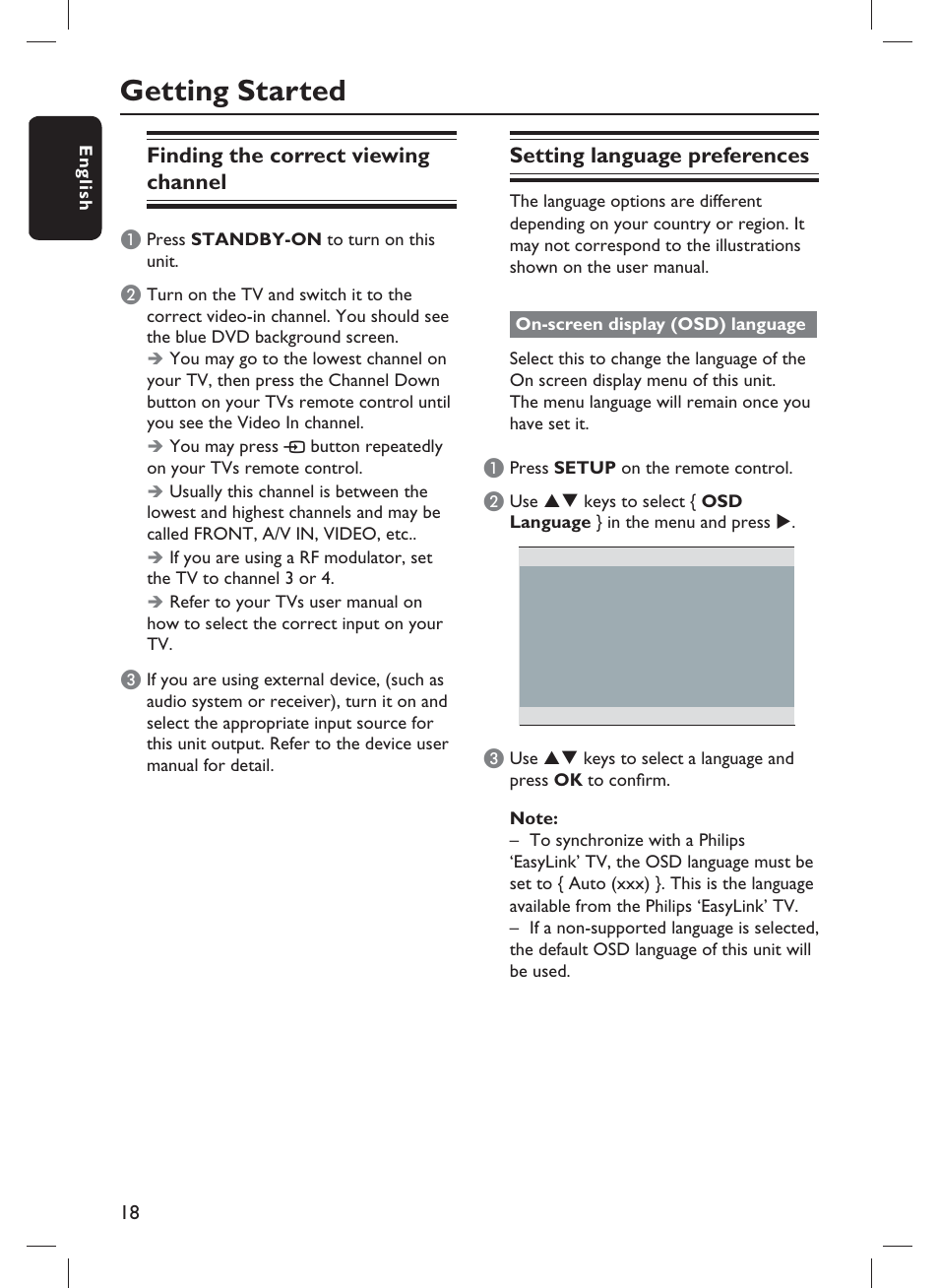 Getting started, Finding the correct viewing channel, Setting language preferences | Philips DVP3980-F7 User Manual | Page 18 / 53