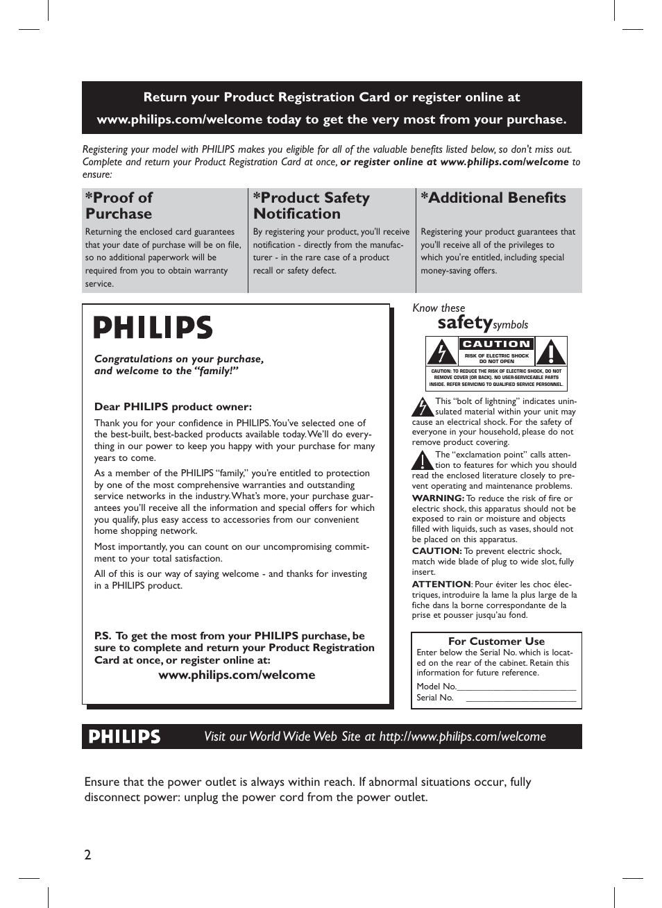 Safety, Proof of purchase, Product safety notification | Additional benefits | Philips DVP3980-F7 User Manual | Page 2 / 53