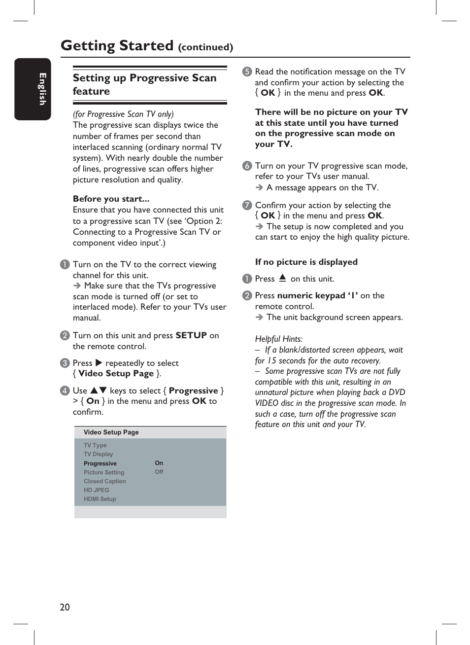 Getting started, Setting up progressive scan feature | Philips DVP3980-F7 User Manual | Page 20 / 53