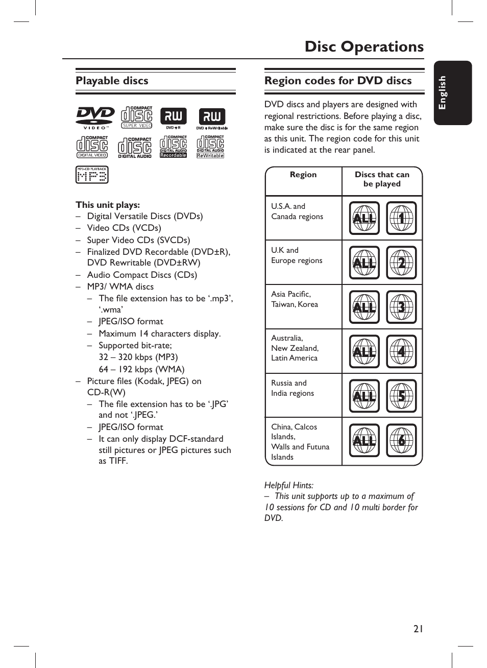 Disc operations, Playable discs, Region codes for dvd discs | Philips DVP3980-F7 User Manual | Page 21 / 53