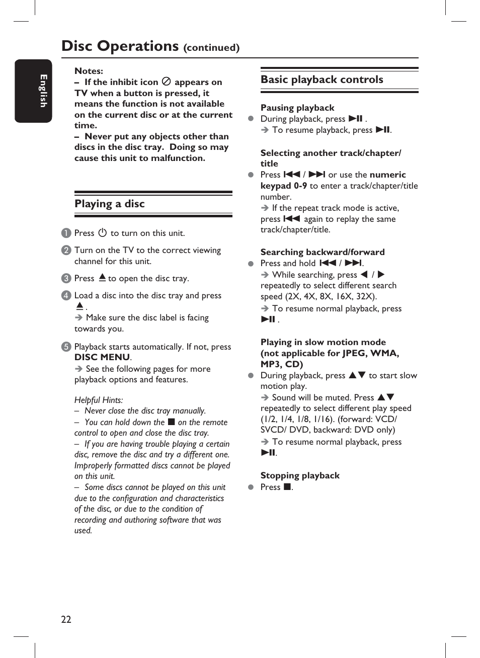 Disc operations, Playing a disc, Basic playback controls | Philips DVP3980-F7 User Manual | Page 22 / 53