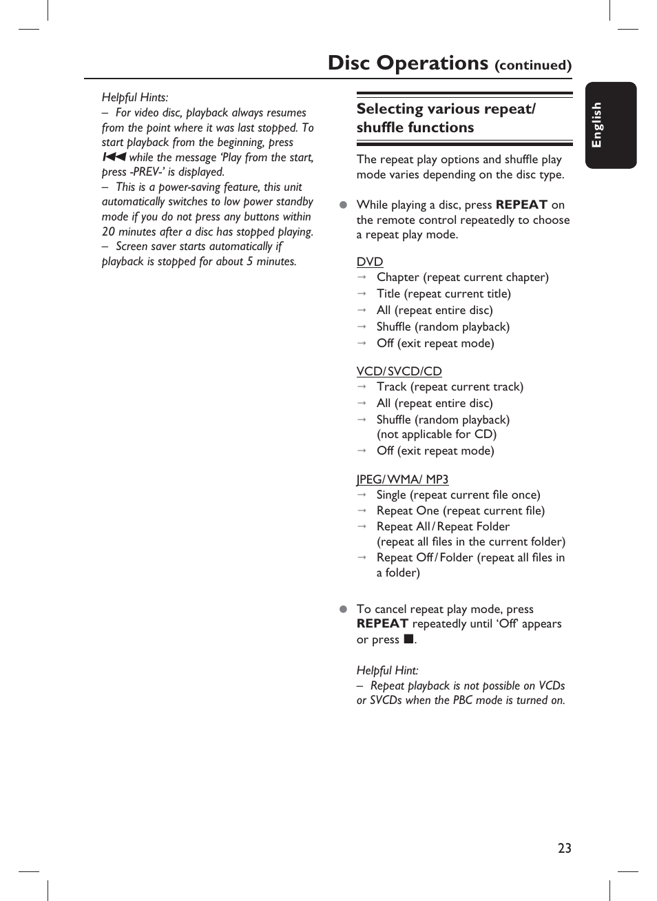 Disc operations, Selecting various repeat/ shuffl e functions | Philips DVP3980-F7 User Manual | Page 23 / 53