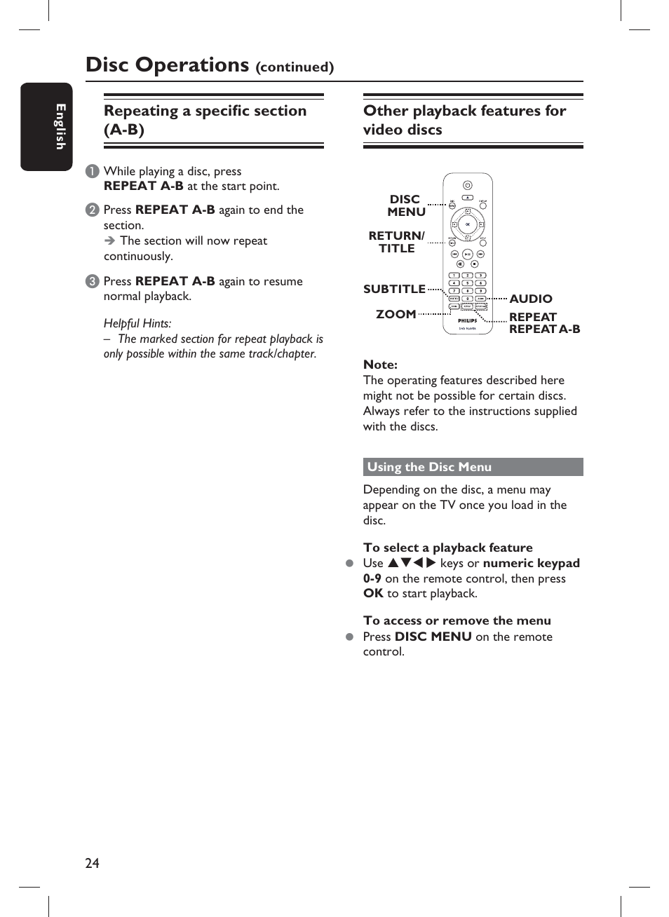 Disc operations, Other playback features for video discs | Philips DVP3980-F7 User Manual | Page 24 / 53