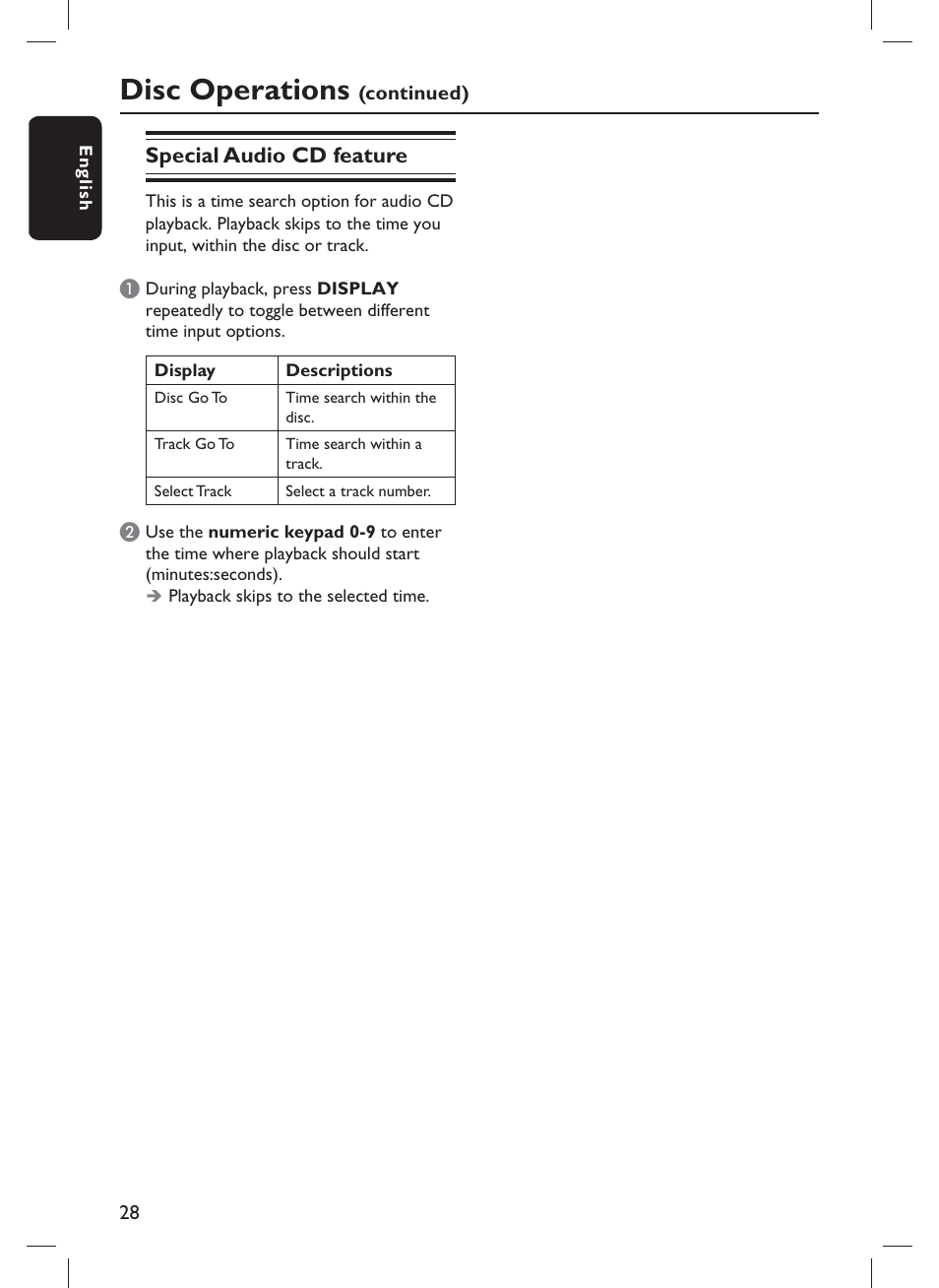 Disc operations, Special audio cd feature | Philips DVP3980-F7 User Manual | Page 28 / 53