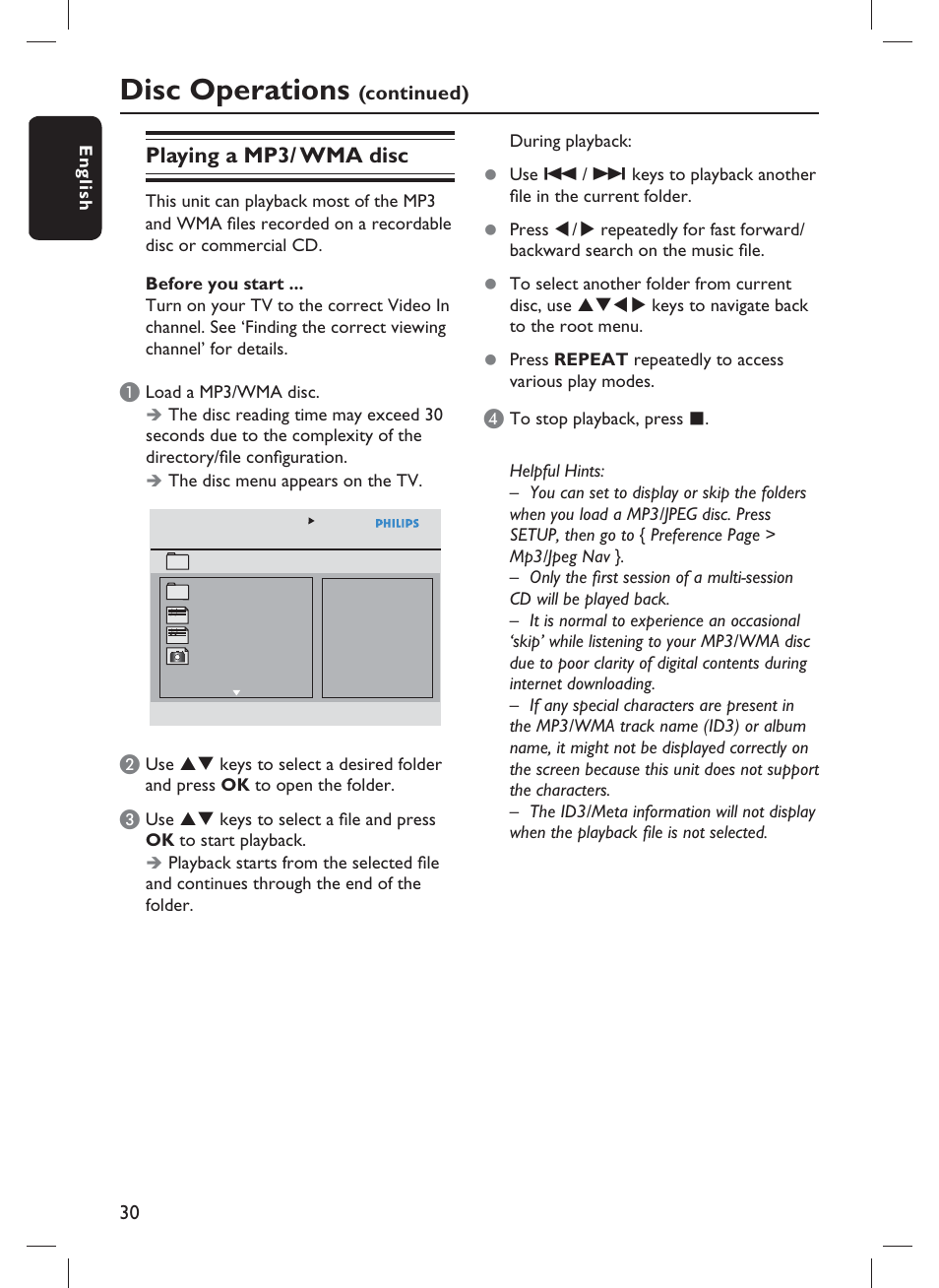 Disc operations, Playing a mp3/ wma disc | Philips DVP3980-F7 User Manual | Page 30 / 53