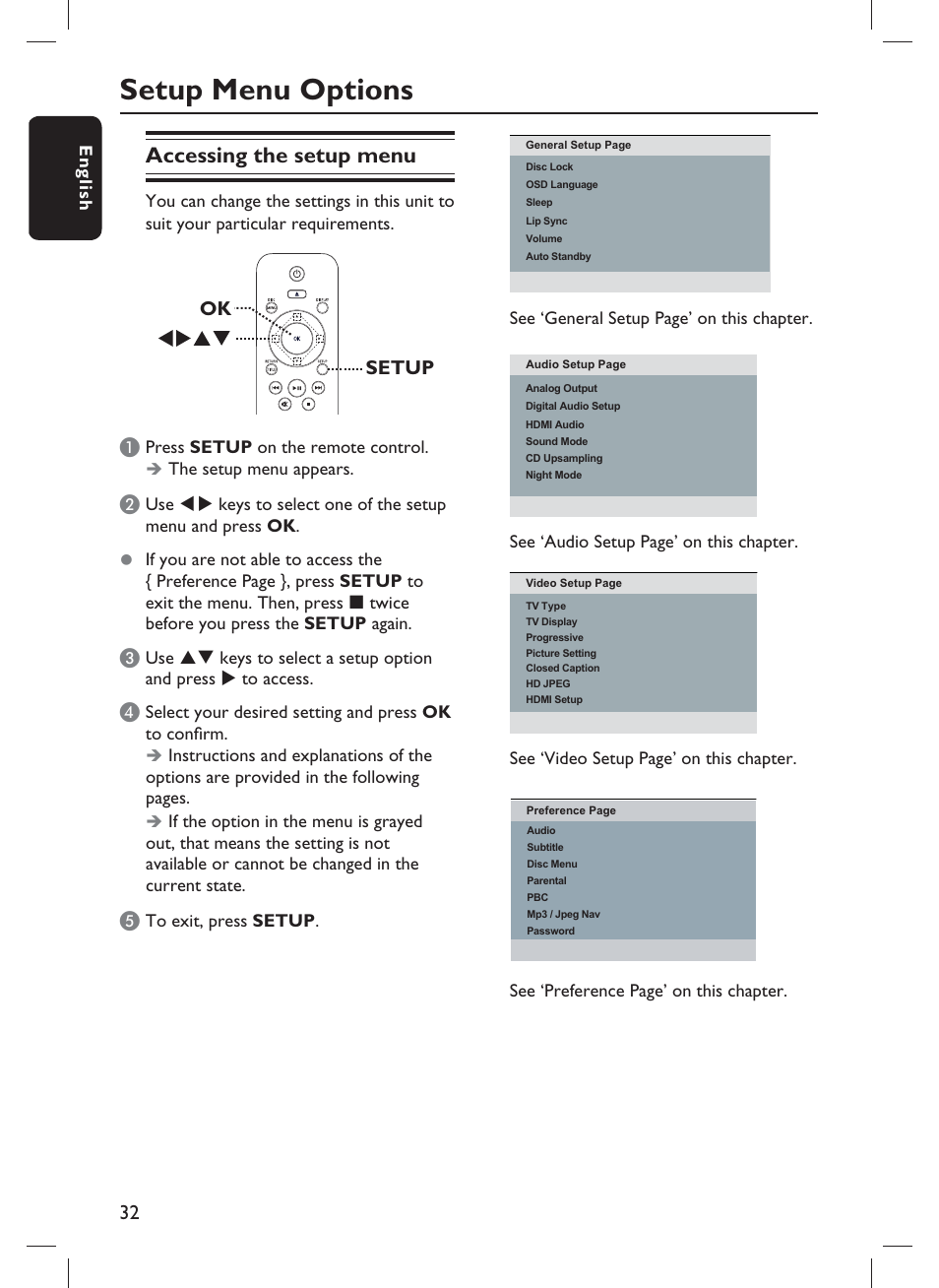 Setup menu options, Accessing the setup menu, Setup ok a | Philips DVP3980-F7 User Manual | Page 32 / 53