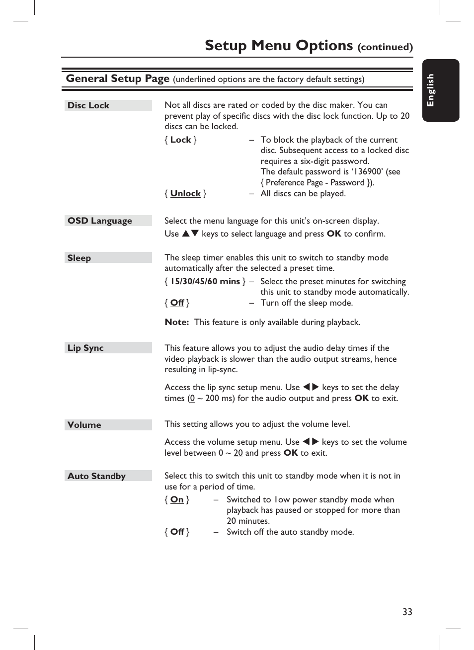 Setup menu options, General setup page | Philips DVP3980-F7 User Manual | Page 33 / 53