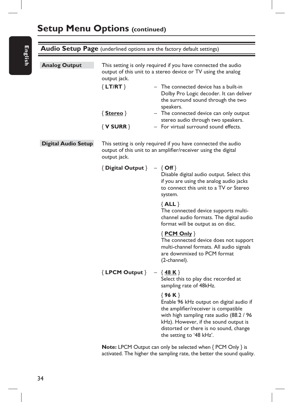Setup menu options, Audio setup page | Philips DVP3980-F7 User Manual | Page 34 / 53