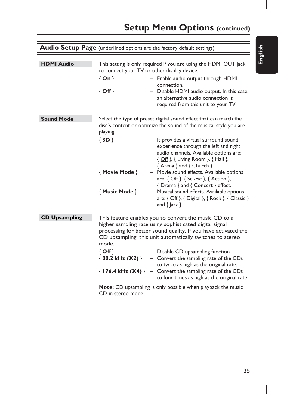 Setup menu options, Audio setup page | Philips DVP3980-F7 User Manual | Page 35 / 53