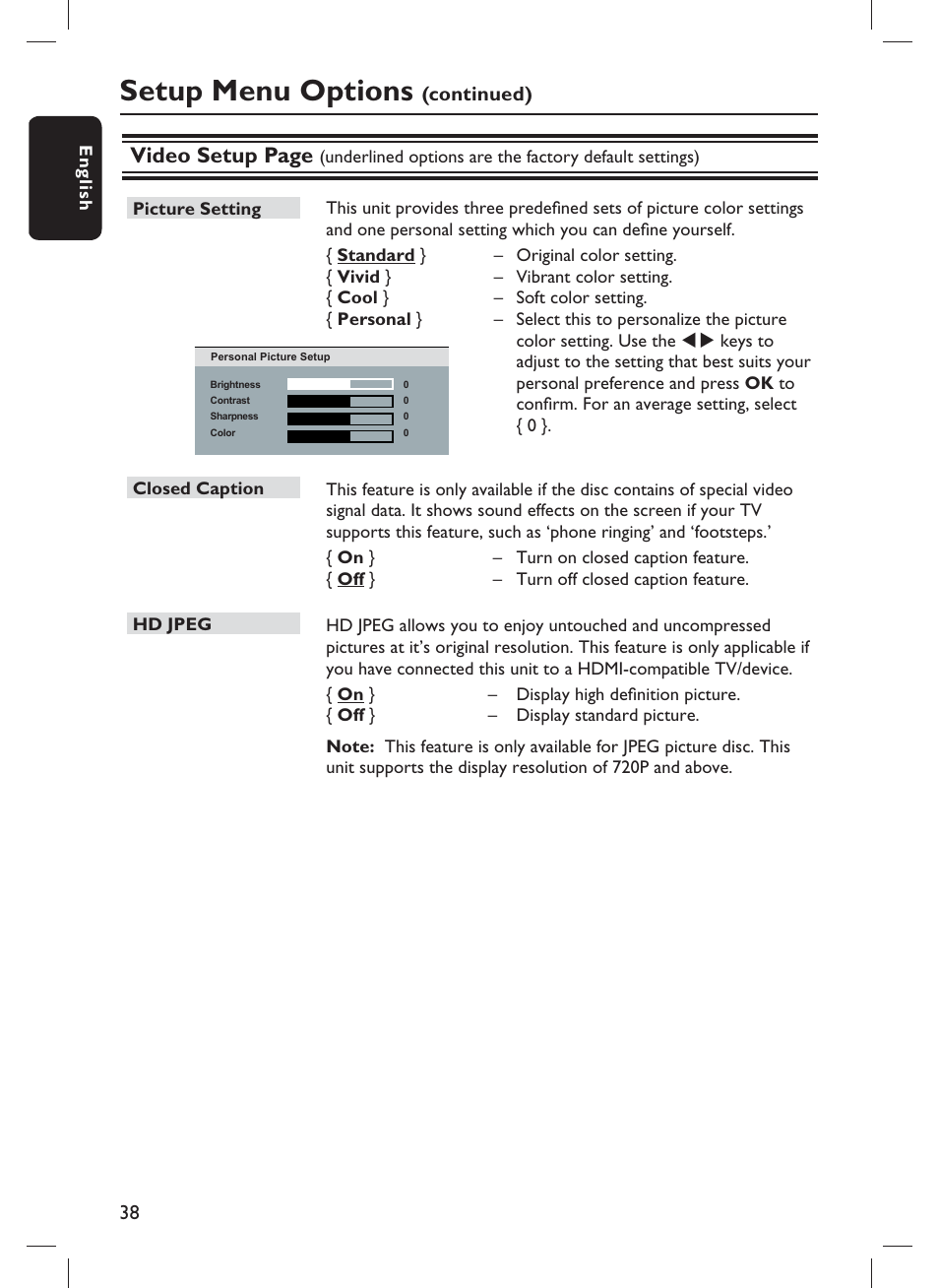 Setup menu options, Video setup page | Philips DVP3980-F7 User Manual | Page 38 / 53