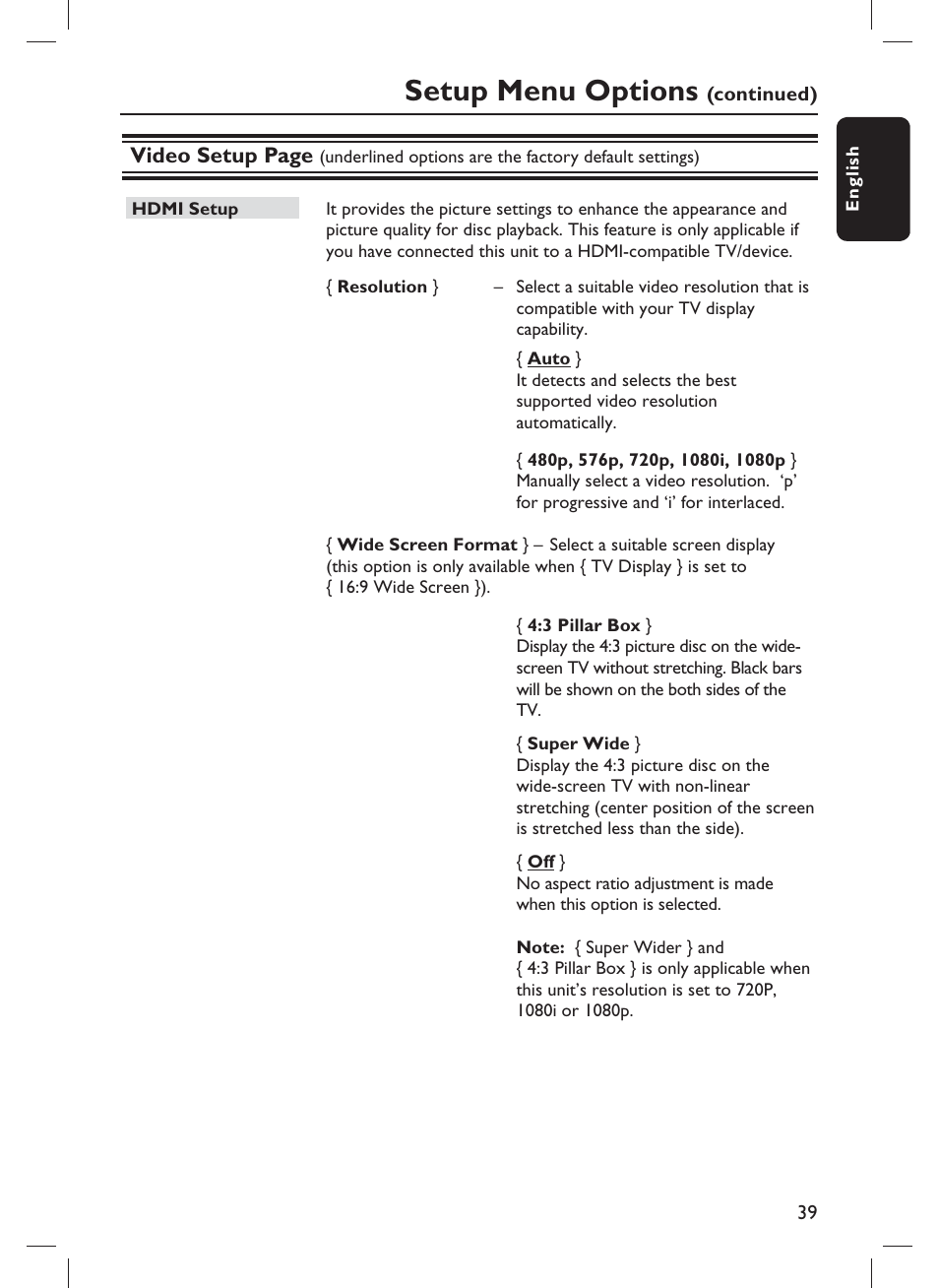 Setup menu options, Video setup page | Philips DVP3980-F7 User Manual | Page 39 / 53