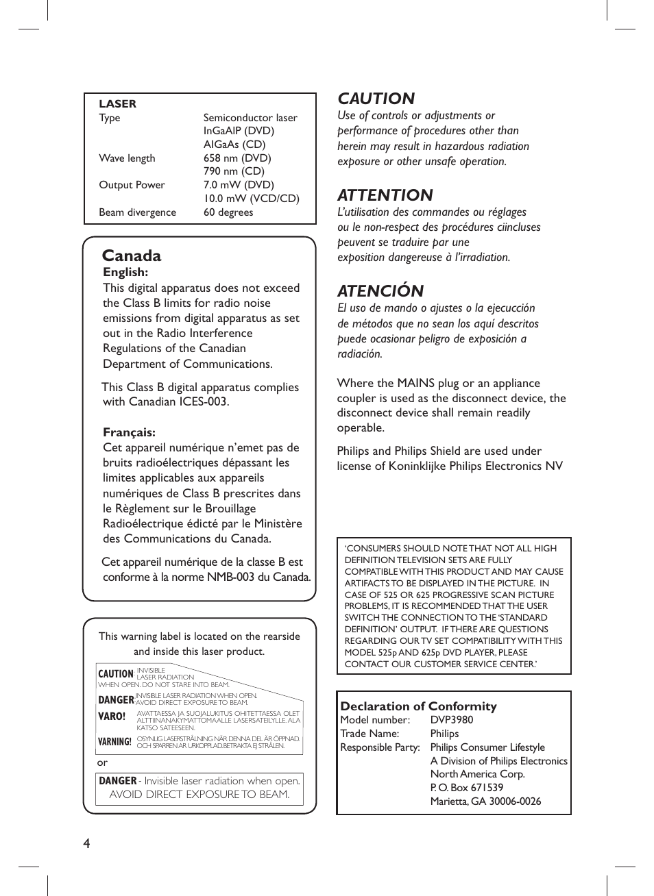 Canada, Caution, Attention | Atención | Philips DVP3980-F7 User Manual | Page 4 / 53