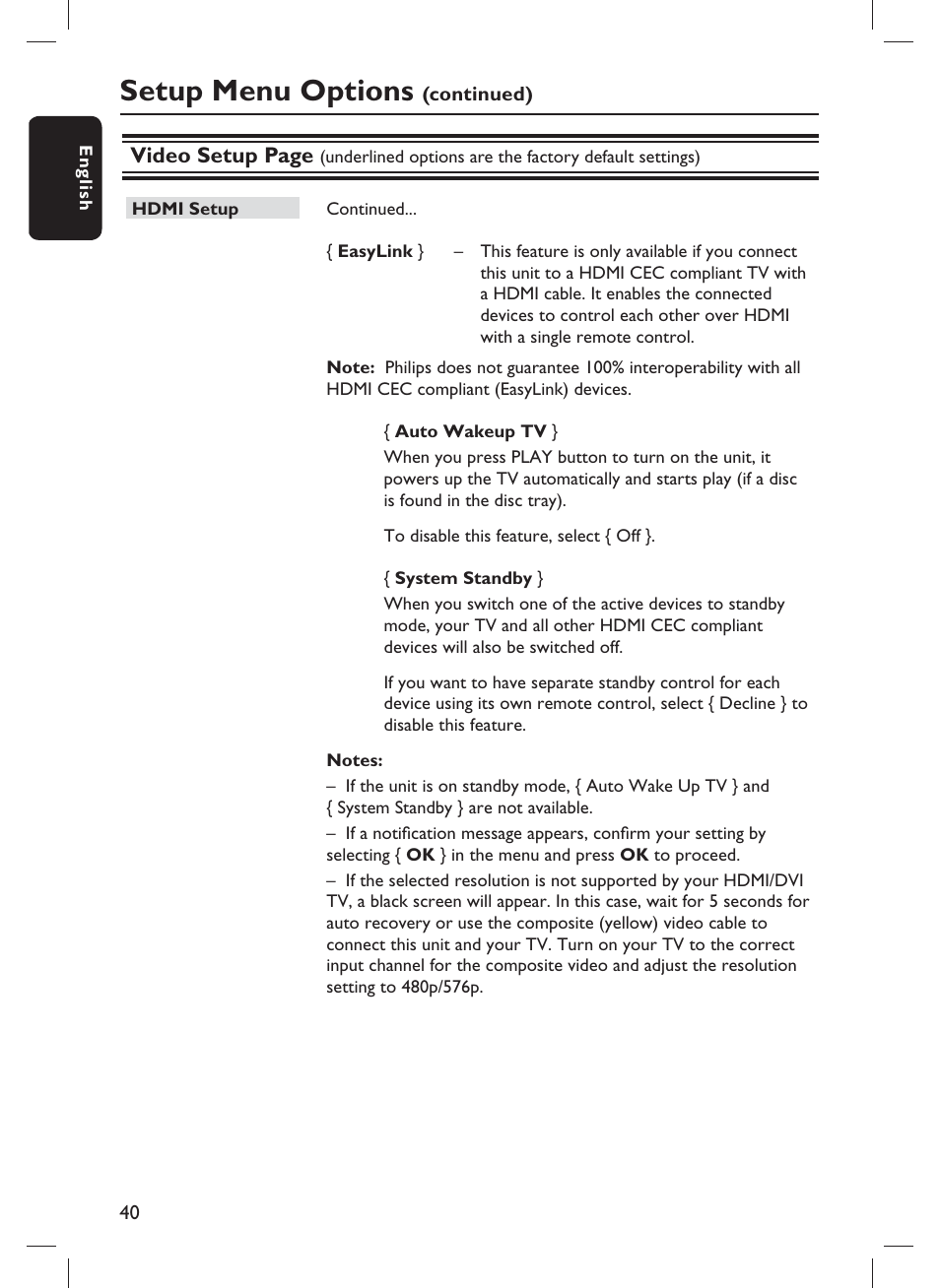 Setup menu options, Video setup page | Philips DVP3980-F7 User Manual | Page 40 / 53