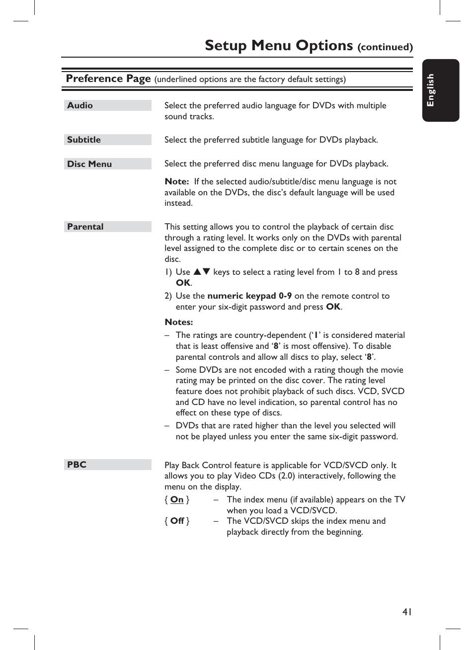 Setup menu options, Preference page | Philips DVP3980-F7 User Manual | Page 41 / 53