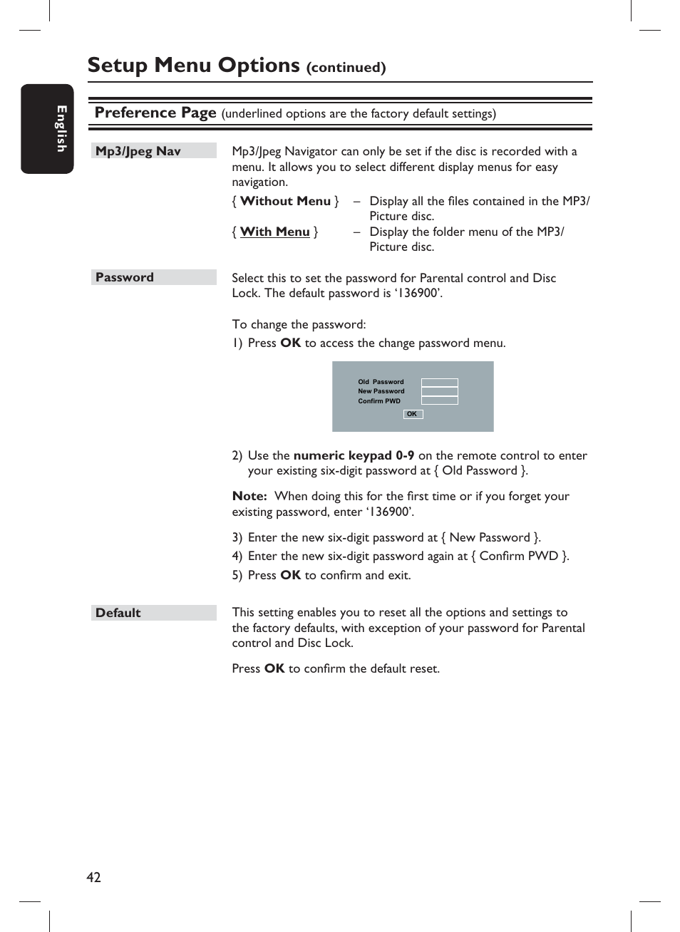 Setup menu options, Preference page | Philips DVP3980-F7 User Manual | Page 42 / 53