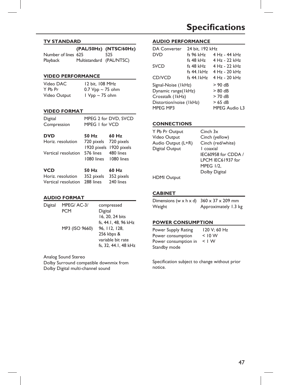Specifi cations | Philips DVP3980-F7 User Manual | Page 47 / 53