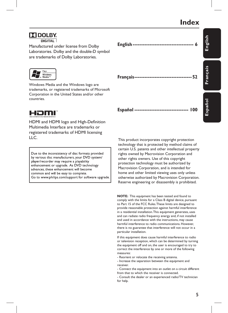 Index | Philips DVP3980-F7 User Manual | Page 5 / 53