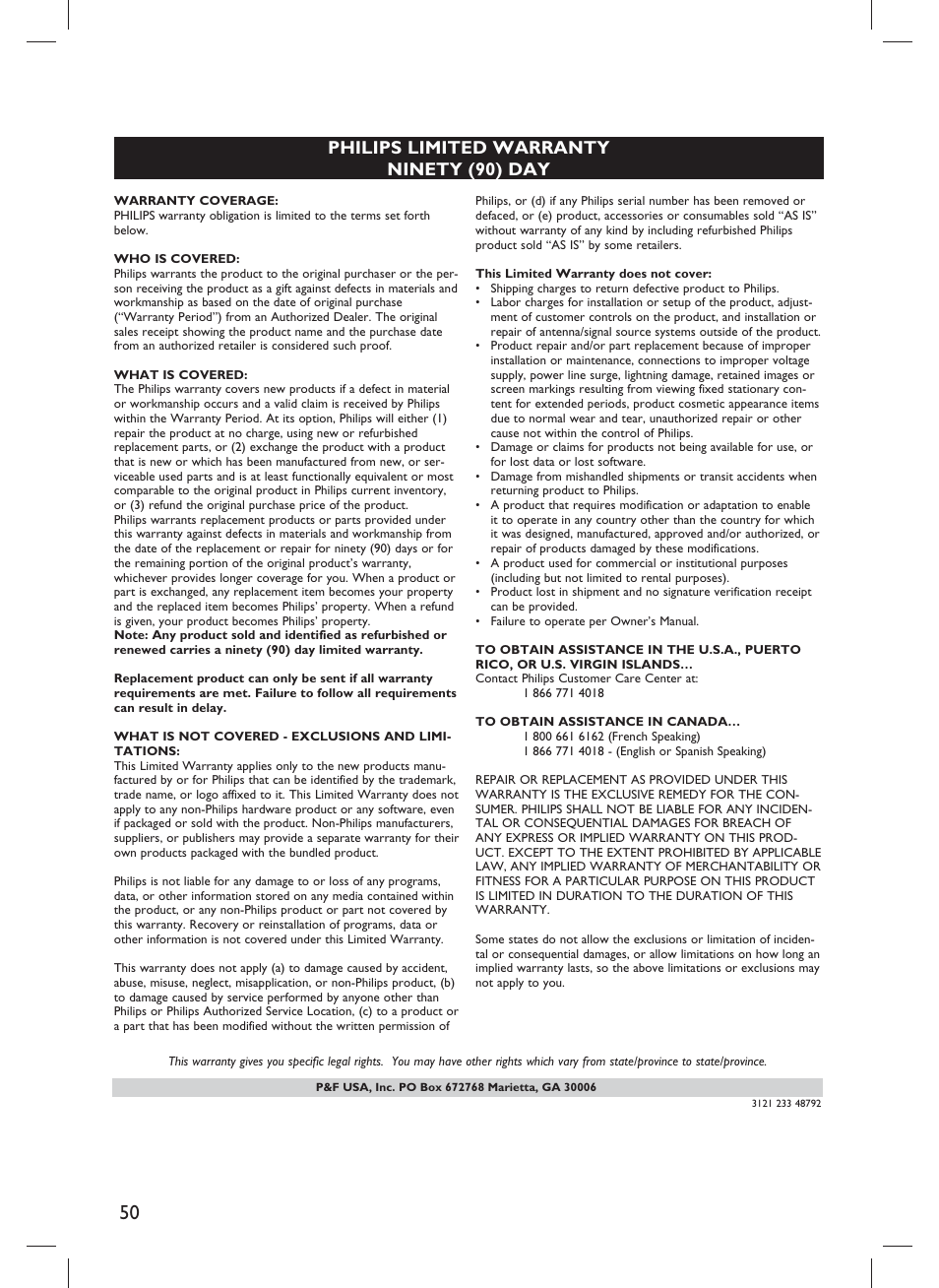 Philips limited warranty ninety (90) day | Philips DVP3980-F7 User Manual | Page 50 / 53