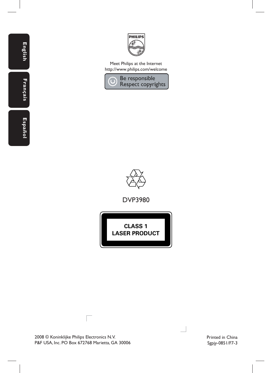 Dvp3980, Philips consumer electronics | Philips DVP3980-F7 User Manual | Page 53 / 53