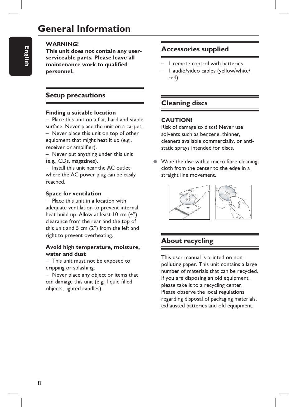 General information, Setup precautions, Accessories supplied | Cleaning discs, About recycling | Philips DVP3980-F7 User Manual | Page 8 / 53