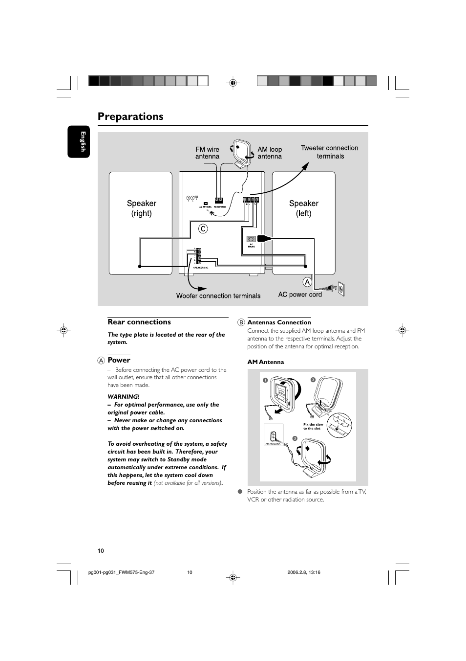 Preparations, Rear connections, A power | Philips FWM575-37B User Manual | Page 10 / 32