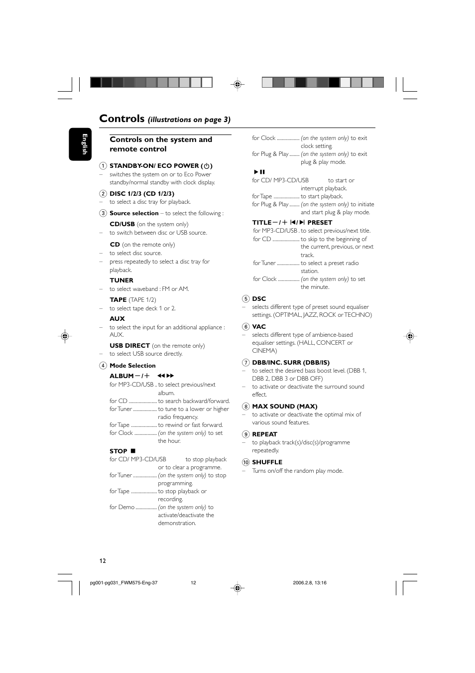 Controls | Philips FWM575-37B User Manual | Page 12 / 32