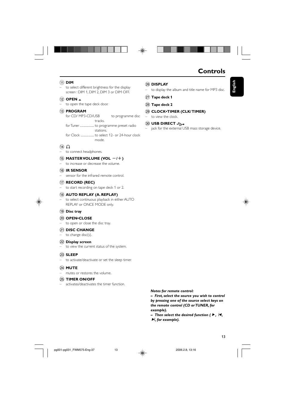 Controls | Philips FWM575-37B User Manual | Page 13 / 32