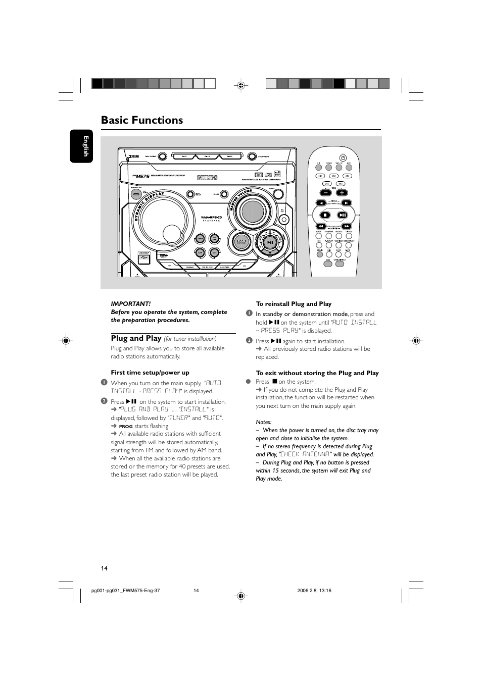 Basic functions, Plug and play | Philips FWM575-37B User Manual | Page 14 / 32