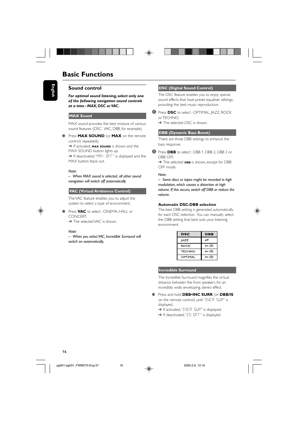 Basic functions, Sound control | Philips FWM575-37B User Manual | Page 16 / 32