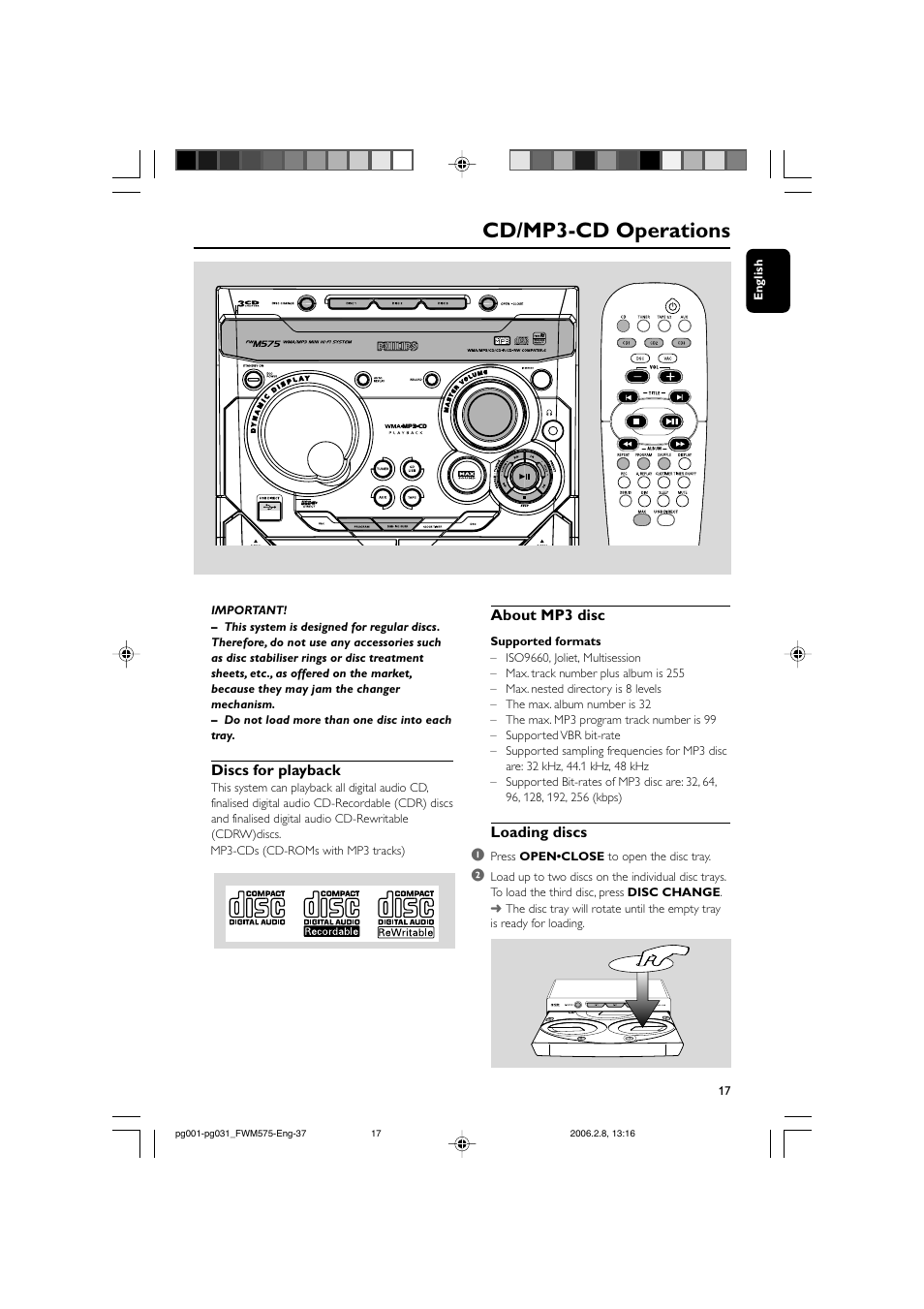 Cd/mp3-cd operations, Discs for playback, About mp3 disc | Loading discs 1 | Philips FWM575-37B User Manual | Page 17 / 32