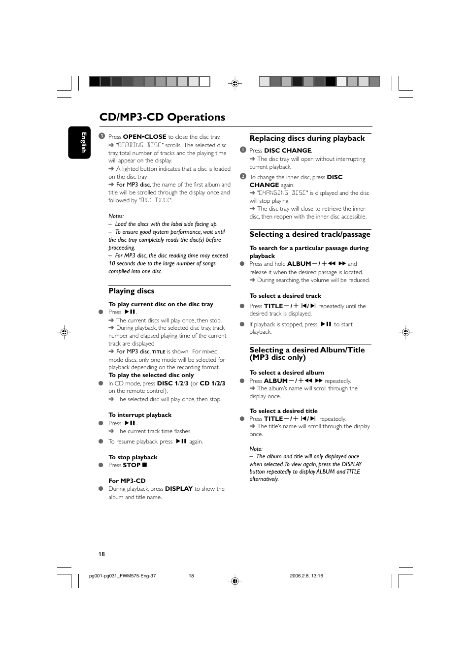 Cd/mp3-cd operations, Playing discs, Replacing discs during playback 1 | Selecting a desired track/passage, Selecting a desired album/title (mp3 disc only) | Philips FWM575-37B User Manual | Page 18 / 32