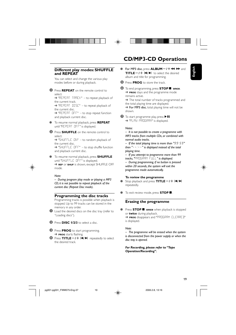 Cd/mp3-cd operations, Different play modes: shuffle and repeat, Programming the disc tracks | Erasing the programme | Philips FWM575-37B User Manual | Page 19 / 32