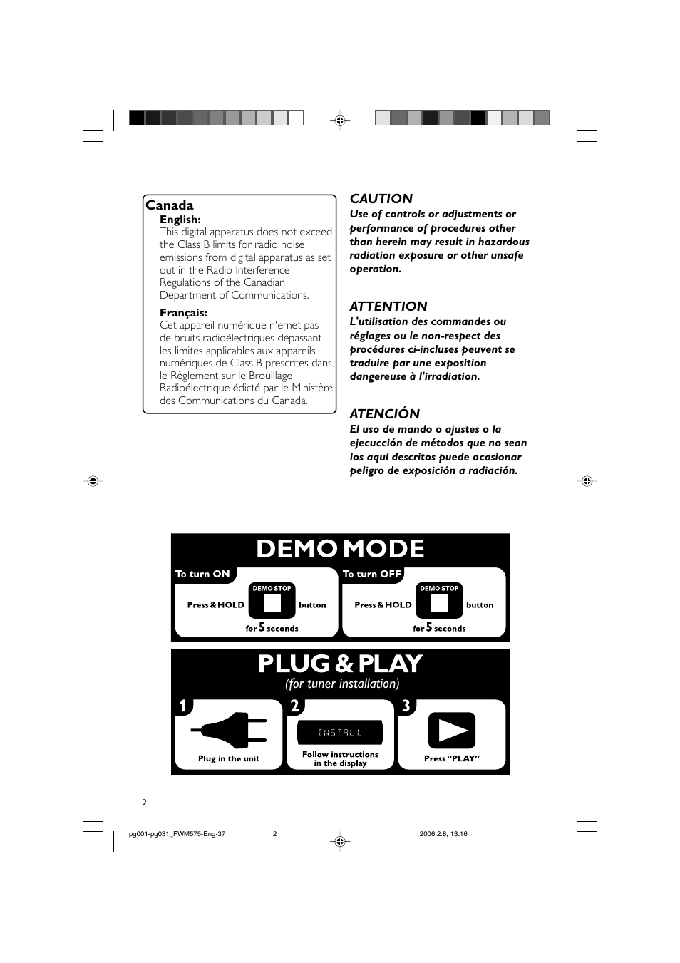 Canada, Caution, Attention | Atención, For tuner installation) | Philips FWM575-37B User Manual | Page 2 / 32