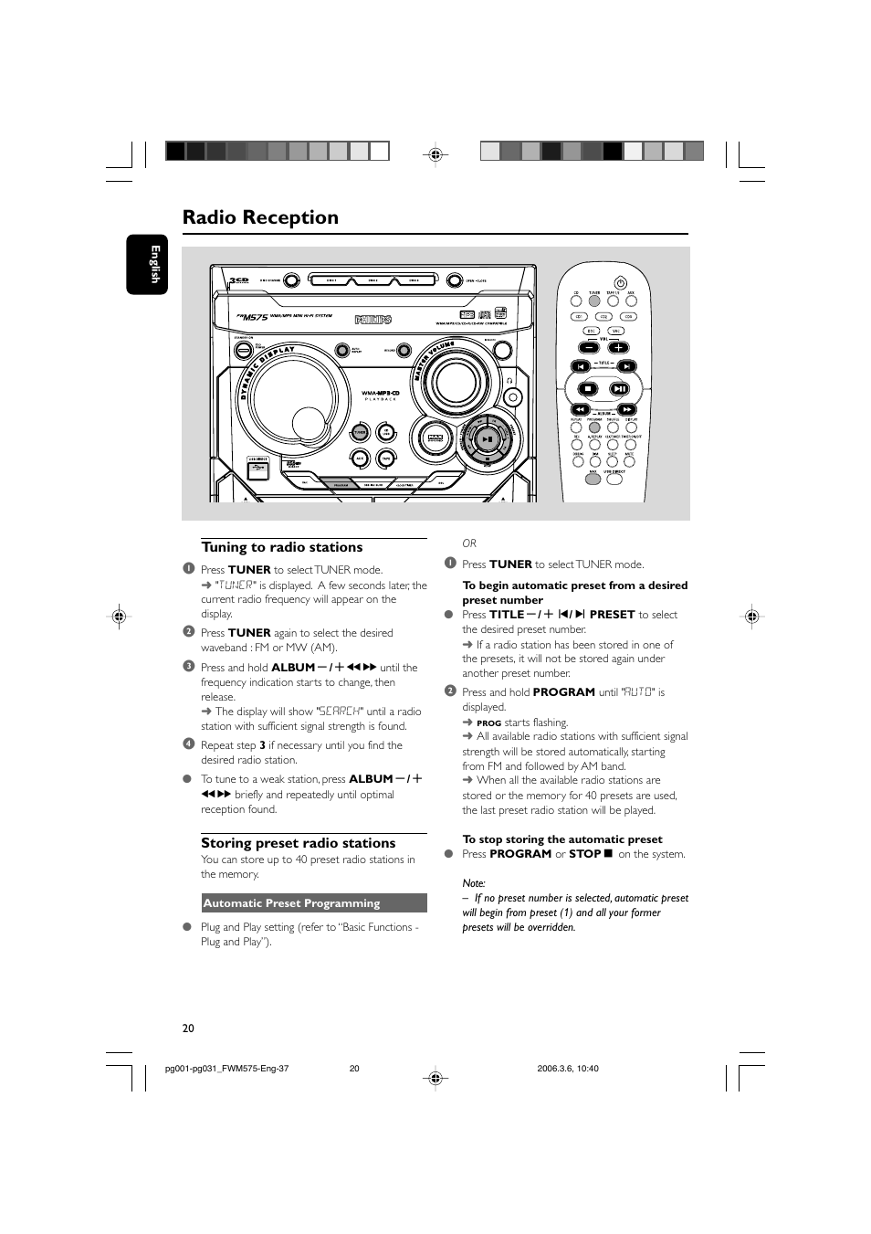 Radio reception, Tuning to radio stations 1, Storing preset radio stations | Philips FWM575-37B User Manual | Page 20 / 32