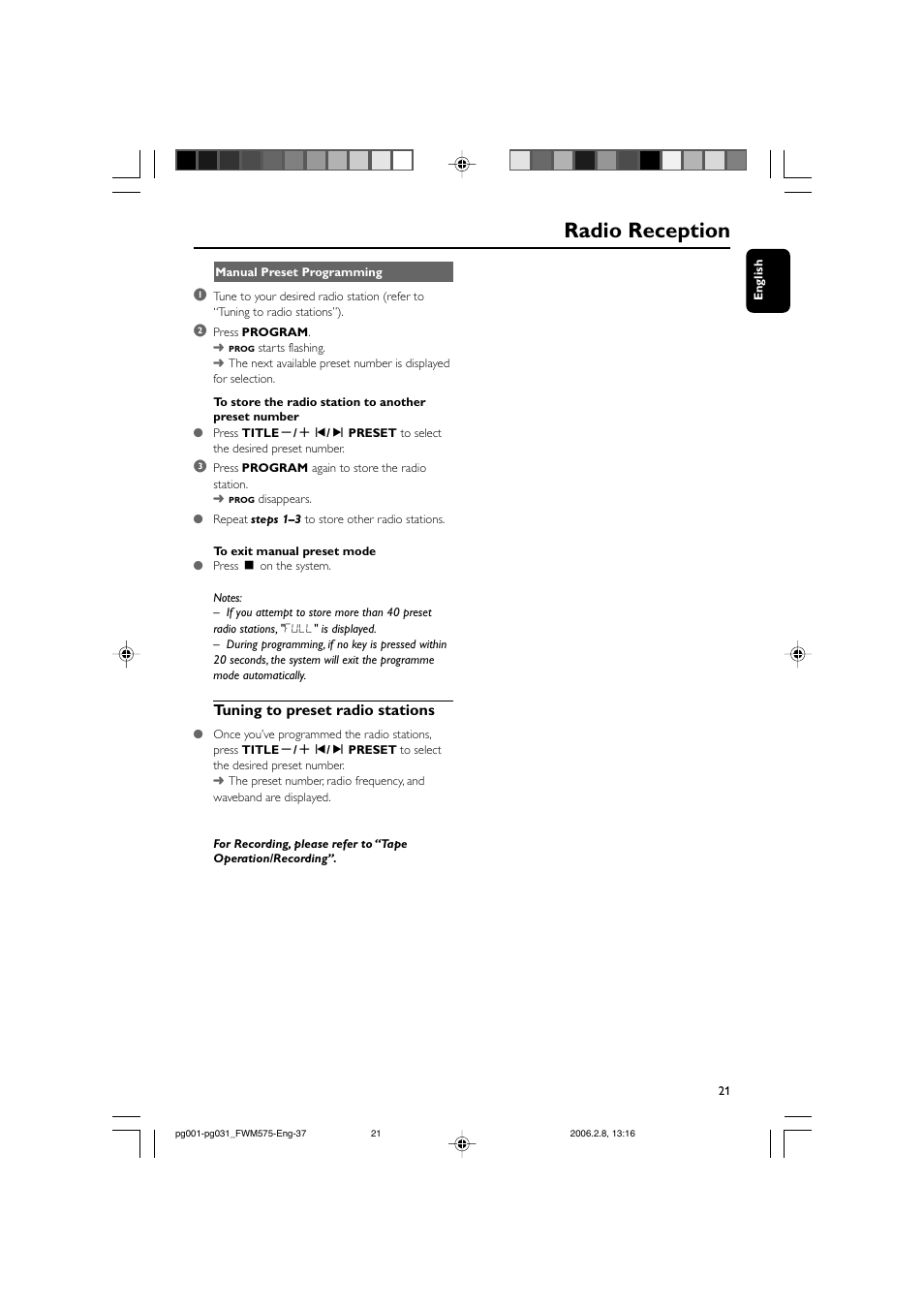 Radio reception, Tuning to preset radio stations | Philips FWM575-37B User Manual | Page 21 / 32