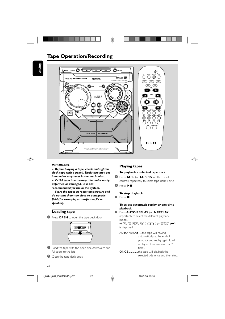 Tape operation/recording | Philips FWM575-37B User Manual | Page 22 / 32