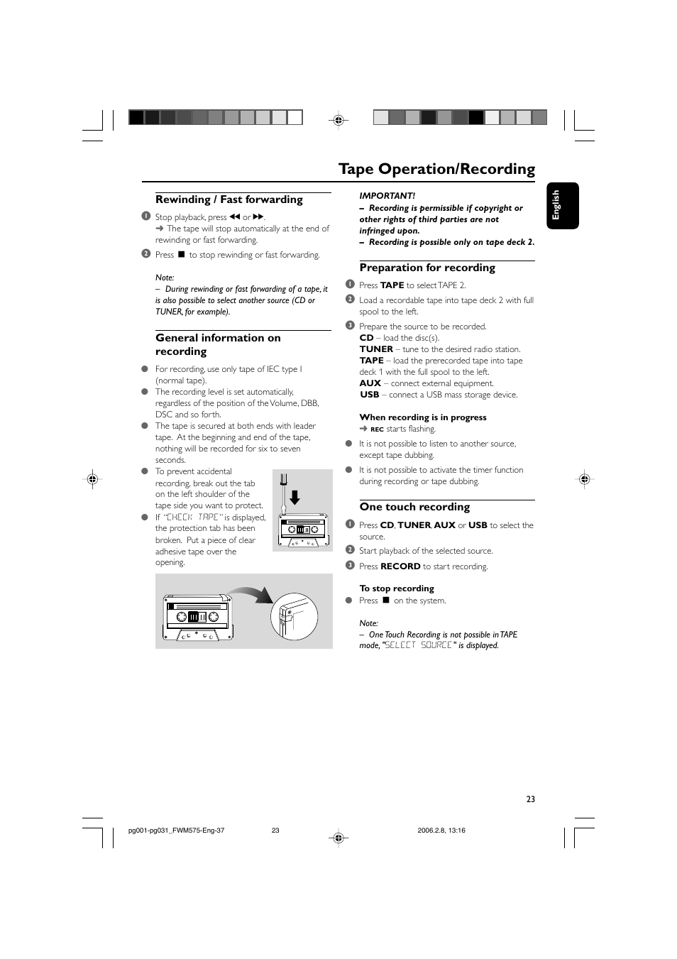 Tape operation/recording | Philips FWM575-37B User Manual | Page 23 / 32