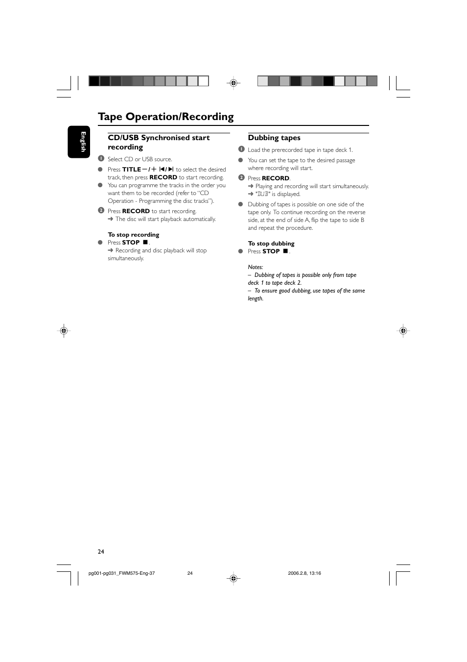 Tape operation/recording, Cd/usb synchronised start recording 1, Dubbing tapes 1 | Philips FWM575-37B User Manual | Page 24 / 32