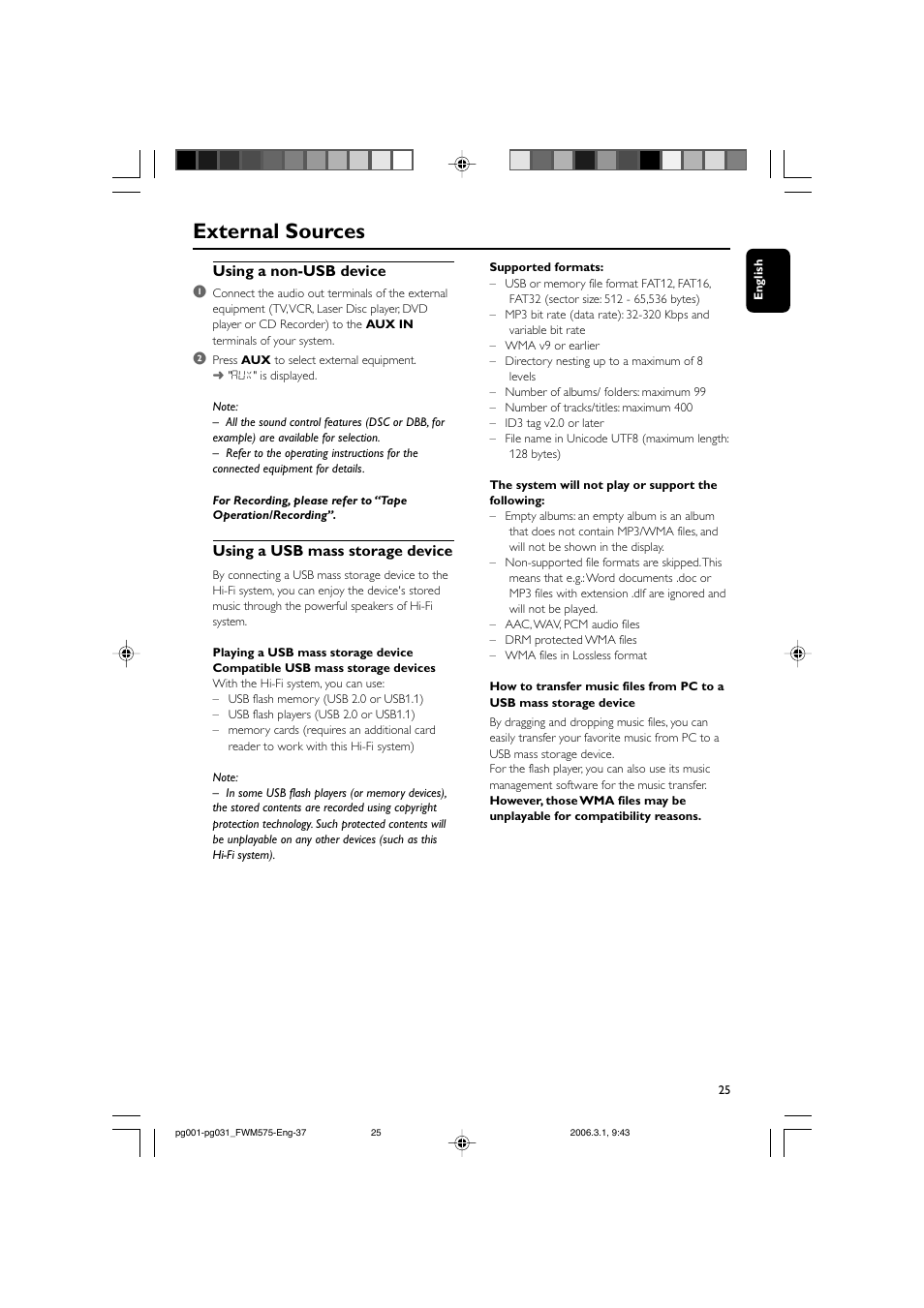 External sources, Using a non-usb device 1, Using a usb mass storage device | Philips FWM575-37B User Manual | Page 25 / 32