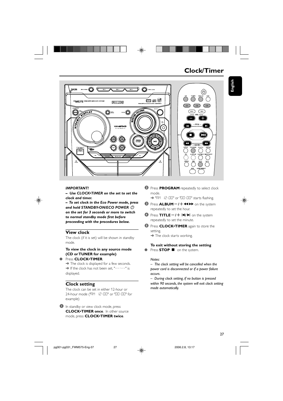 Clock/timer, View clock, Clock setting | Philips FWM575-37B User Manual | Page 27 / 32