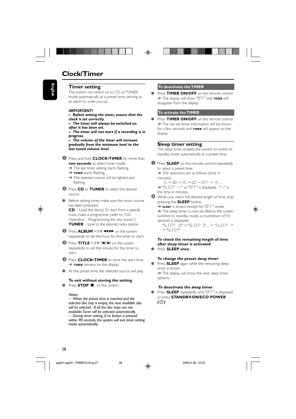 Clock/timer, Timer setting, Sleep timer setting | Philips FWM575-37B User Manual | Page 28 / 32