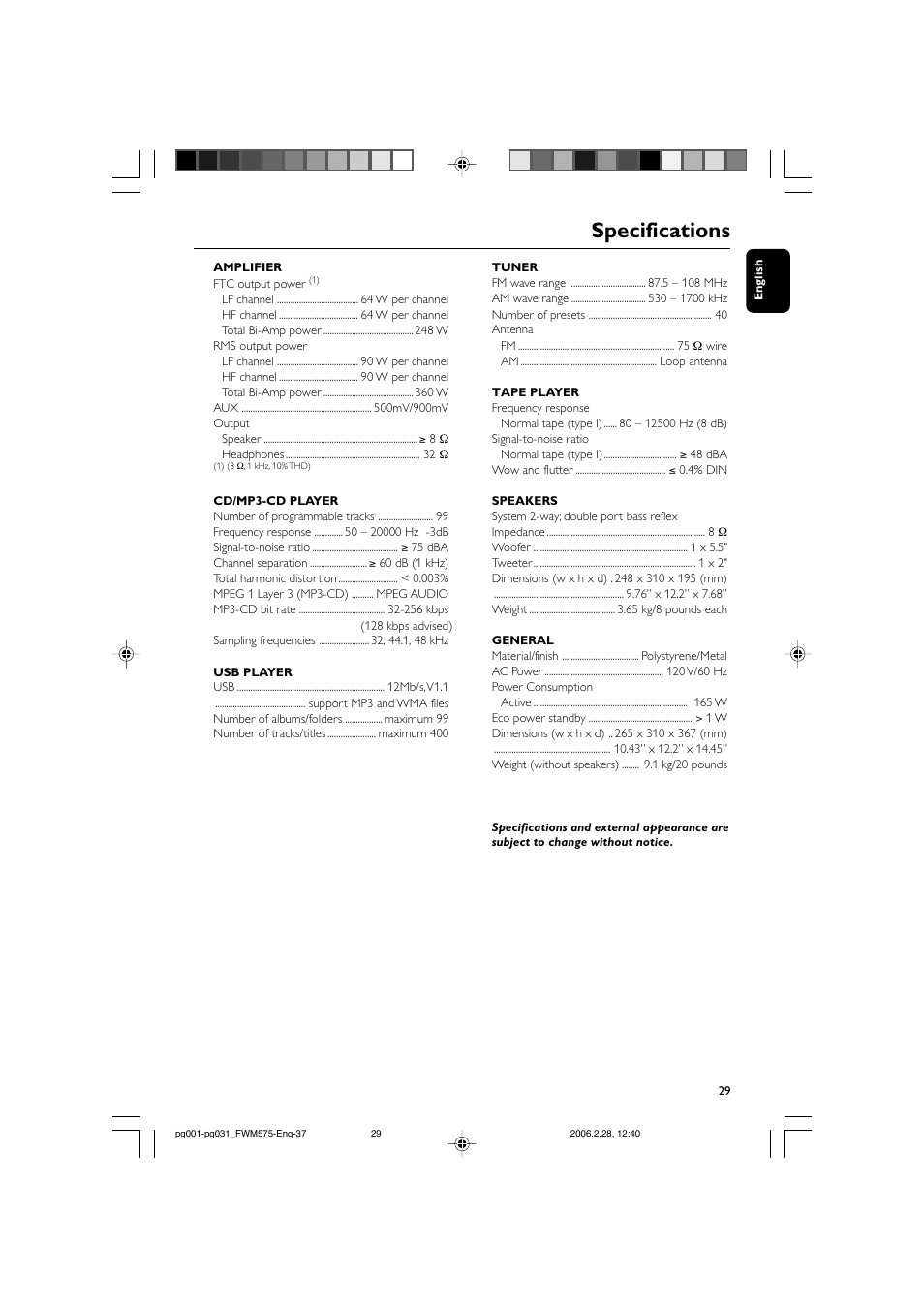 Specifications | Philips FWM575-37B User Manual | Page 29 / 32