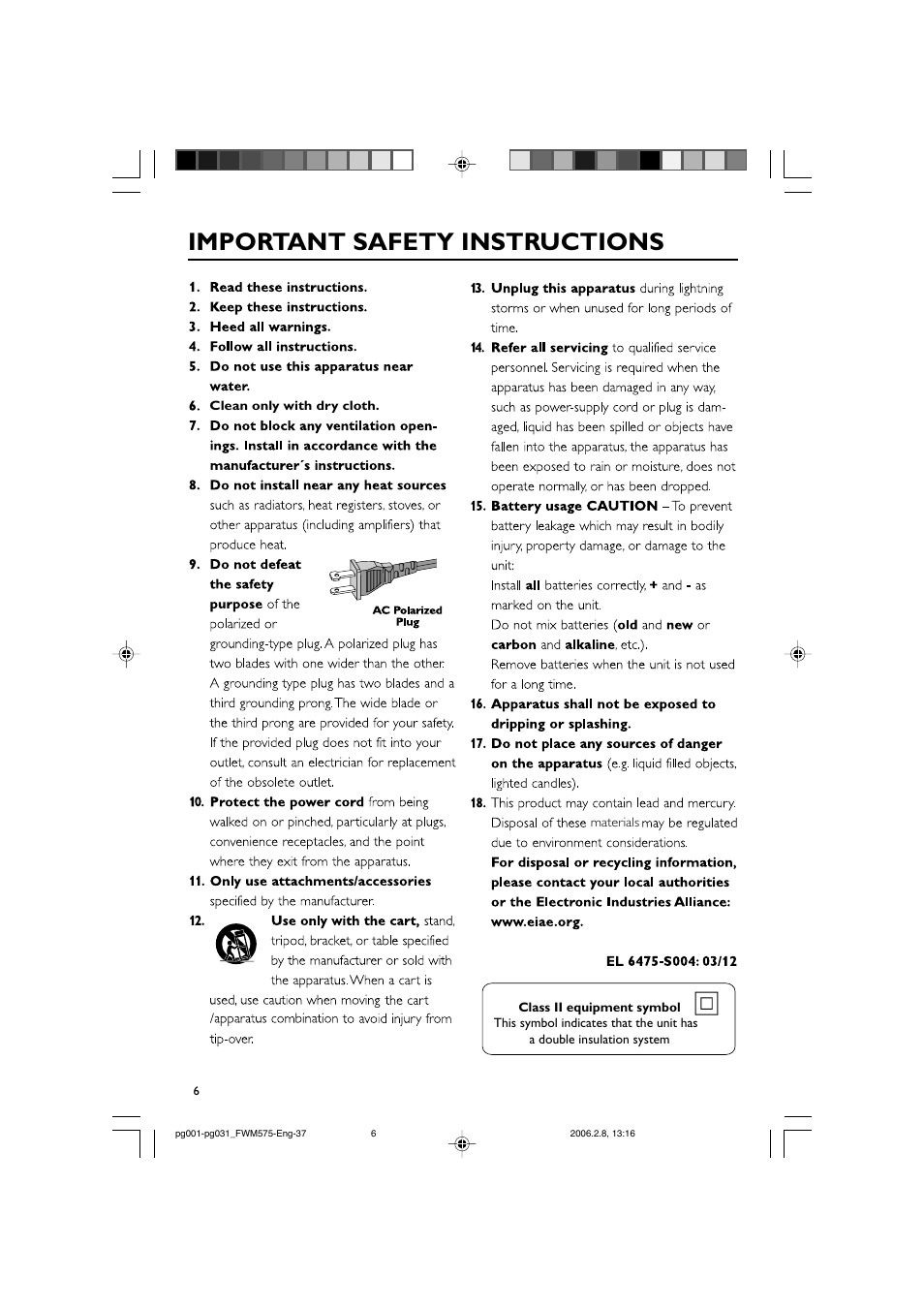 Important safety instructions | Philips FWM575-37B User Manual | Page 6 / 32