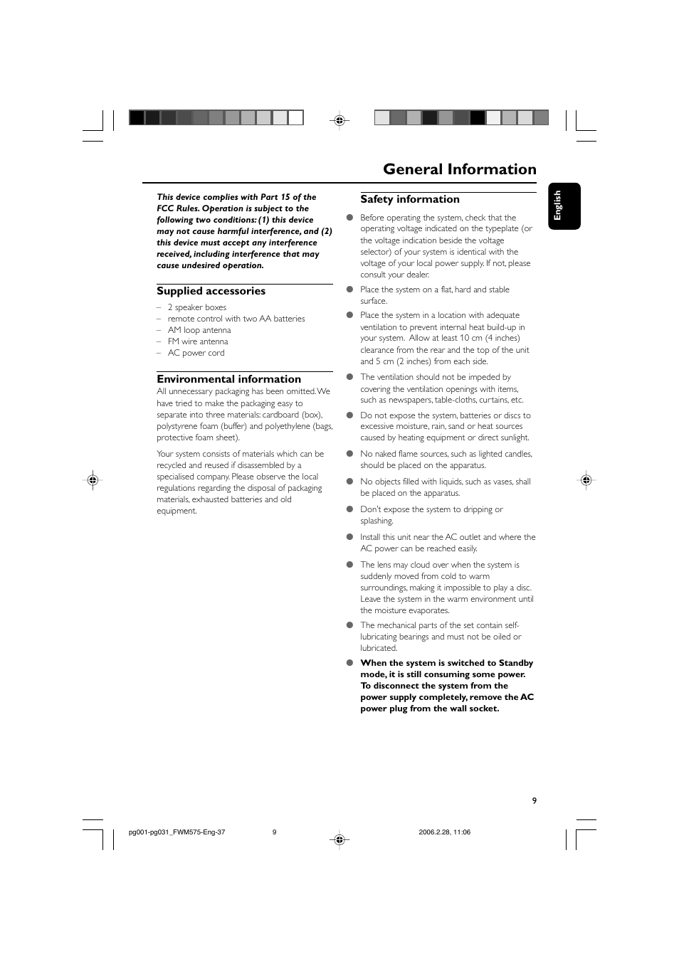 General information, Supplied accessories, Environmental information | Safety information | Philips FWM575-37B User Manual | Page 9 / 32