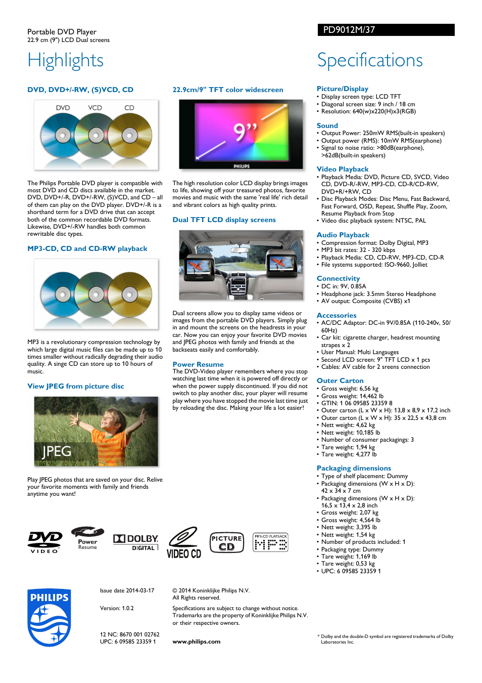 Highlights, Specifications | Philips PD9012M-37 User Manual | Page 2 / 2