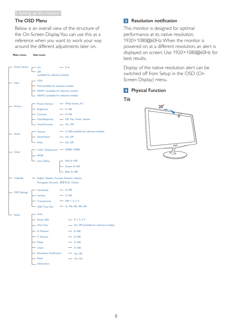 Setting up the monitor | Philips LED monitor 247E3LPHSU E-line 23.6" - 59.9 cm with PowerSensor User Manual | Page 10 / 42