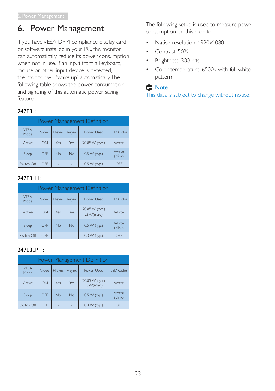 Power management, 247e3lh: power management definition, 247e3lph: power management definition | Philips LED monitor 247E3LPHSU E-line 23.6" - 59.9 cm with PowerSensor User Manual | Page 25 / 42
