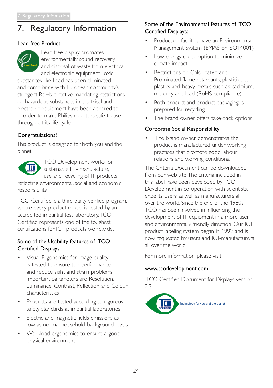 Regulatory information | Philips LED monitor 247E3LPHSU E-line 23.6" - 59.9 cm with PowerSensor User Manual | Page 26 / 42