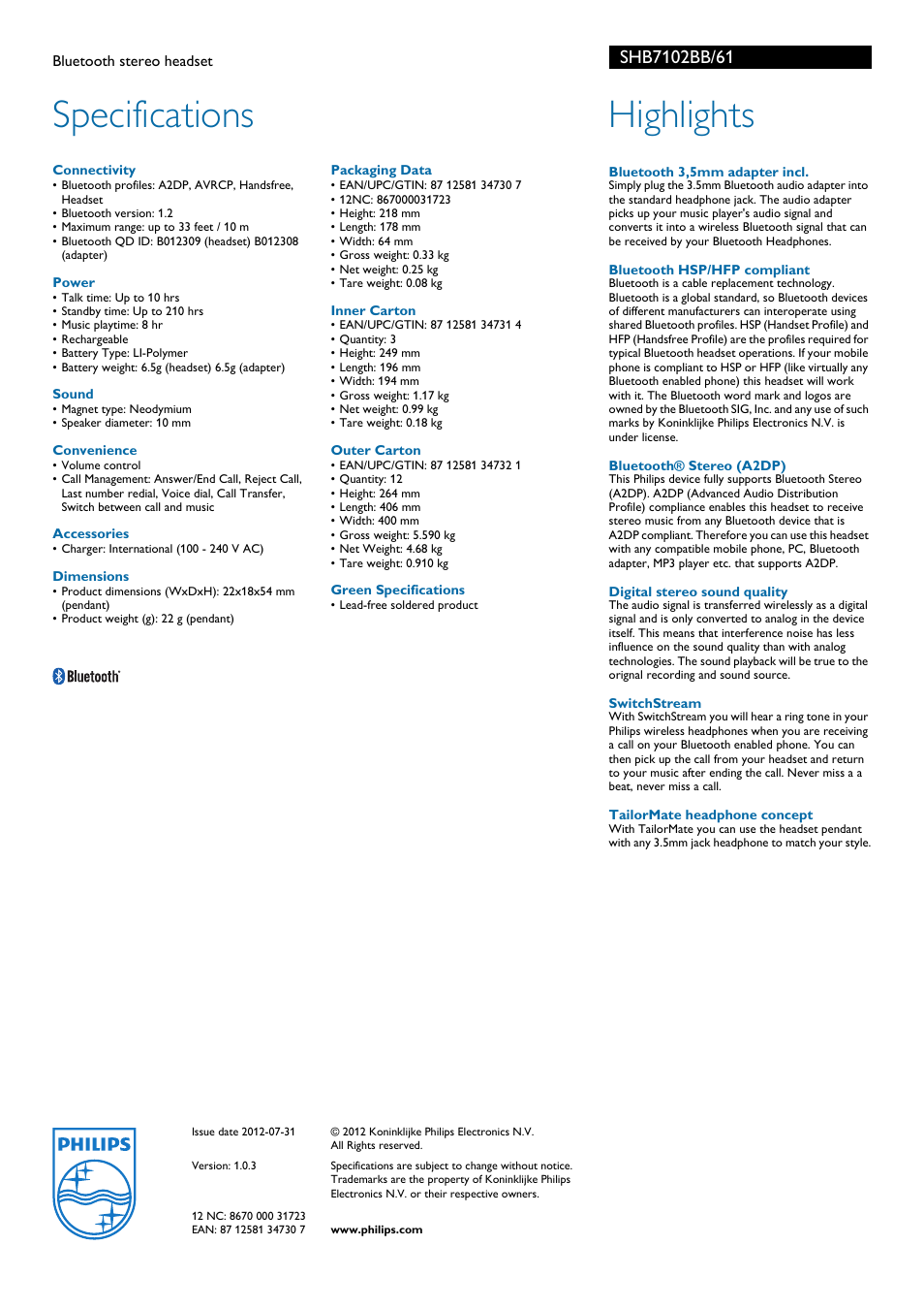 Specifications, Highlights | Philips SHB7102BB-61 User Manual | Page 2 / 2